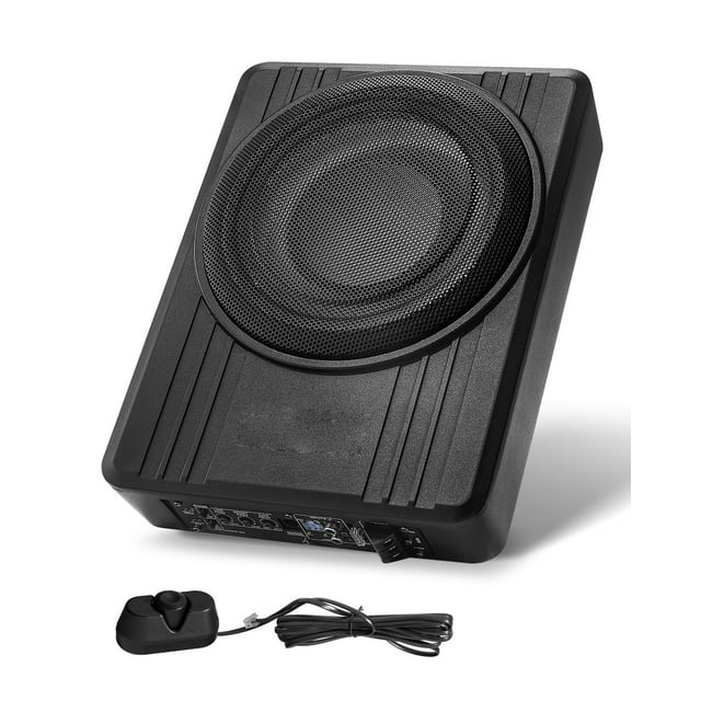 KFFKFF 10" 300W Underseat Car Subwoofer, Slim Powered Car Subwoofers Under the Seat, Low Profile Audio Sub Built-in Amplifier, High/Low Level Input & Volume Controller