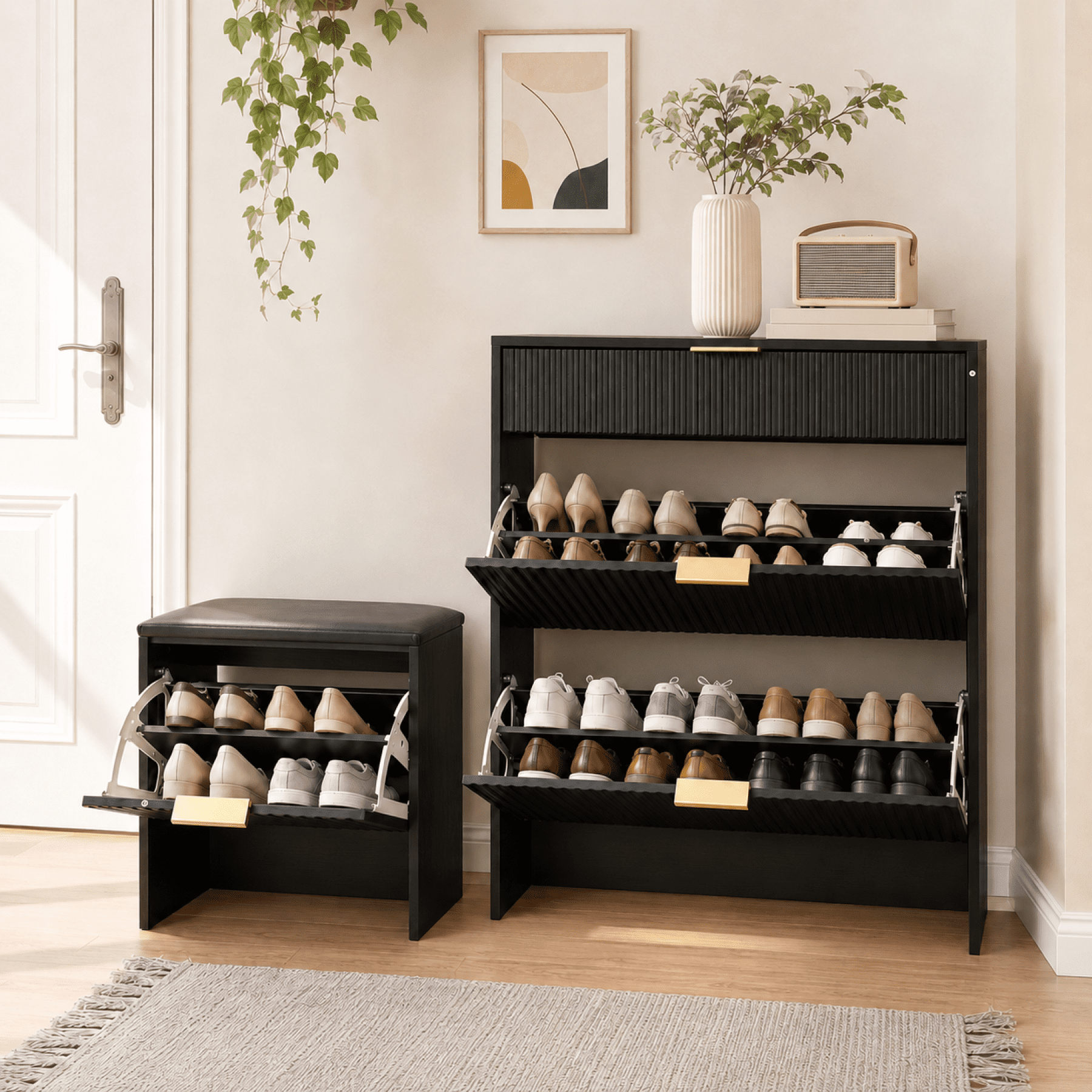 Leumius Shoe Cabinet with Padded Shoe Bench,Shoe Storage Cabinet Set for Entryway, Freestanding Shoe Storage Organizer for Entryway Hallway,Black