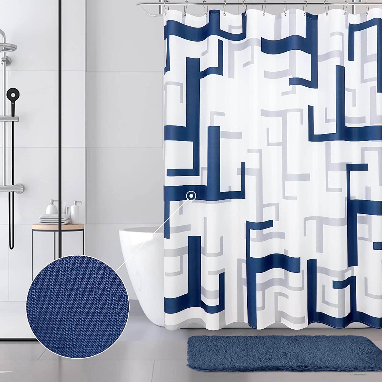 Navy Blue and White Cloth Shower Curtain with Hooks Modern Blue Grey