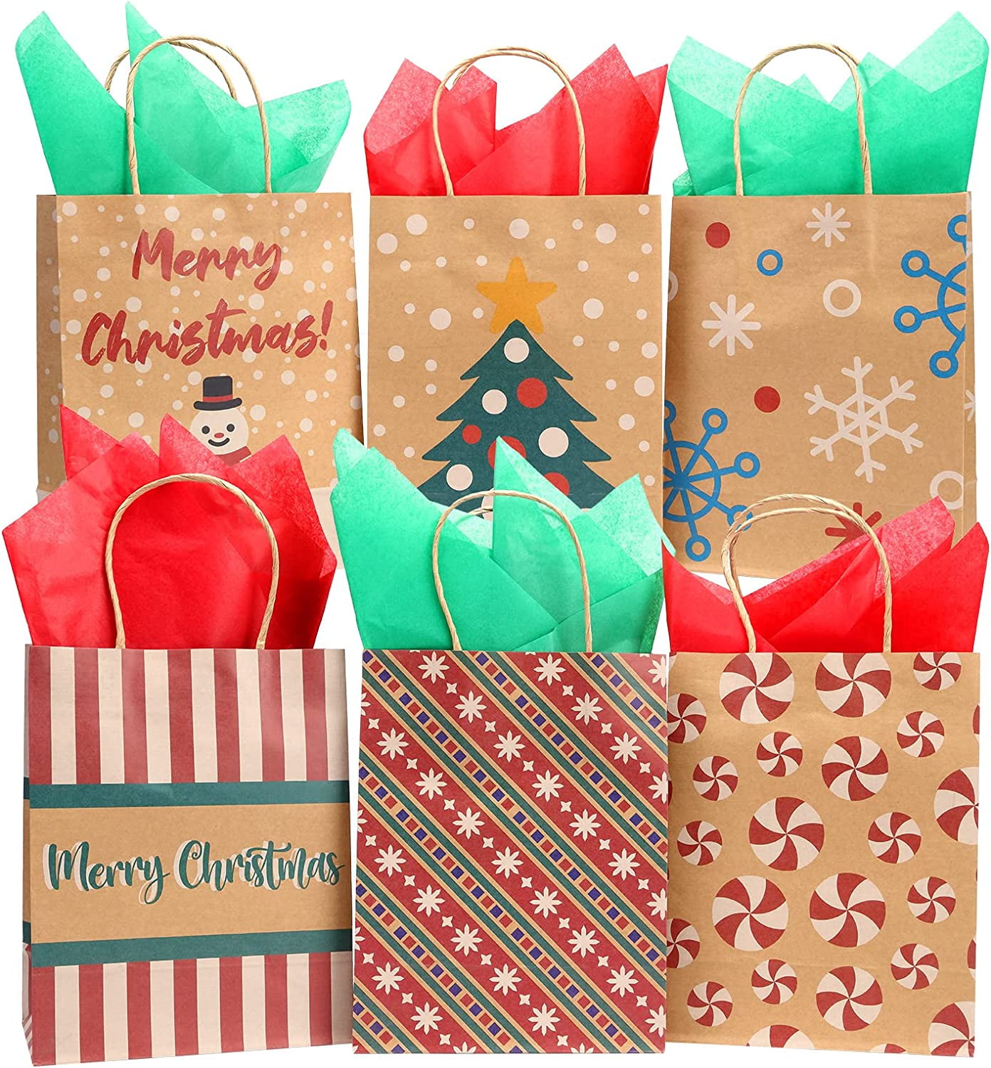 EastVita 24 Christmas Kraft Gift BagsChristmas Treat Bags with Assorted