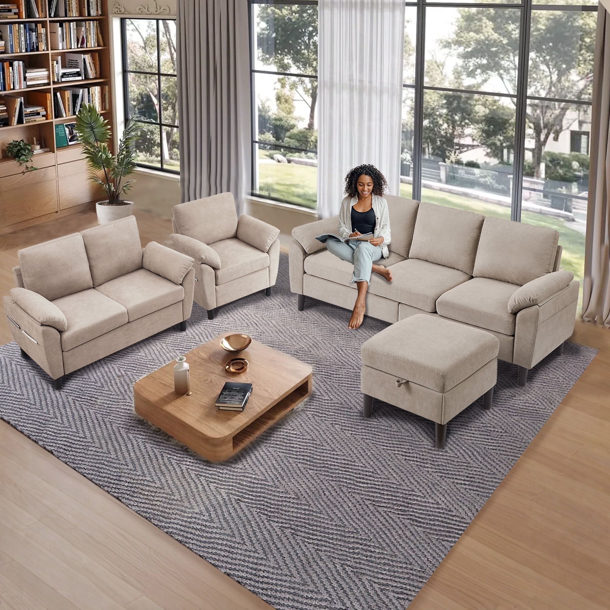 Jarenie Modern Fabric L-Shapped Sofa Sectional Couche for Living Room Convertible Sofa with Ottoman