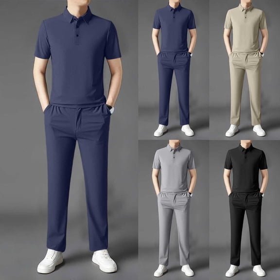 VBVC Men's 2 Piece Business Outfit Set with Pockets,Collared Short Sleeve Shirt and Drawstring Pants For Men,Black,M-4XL