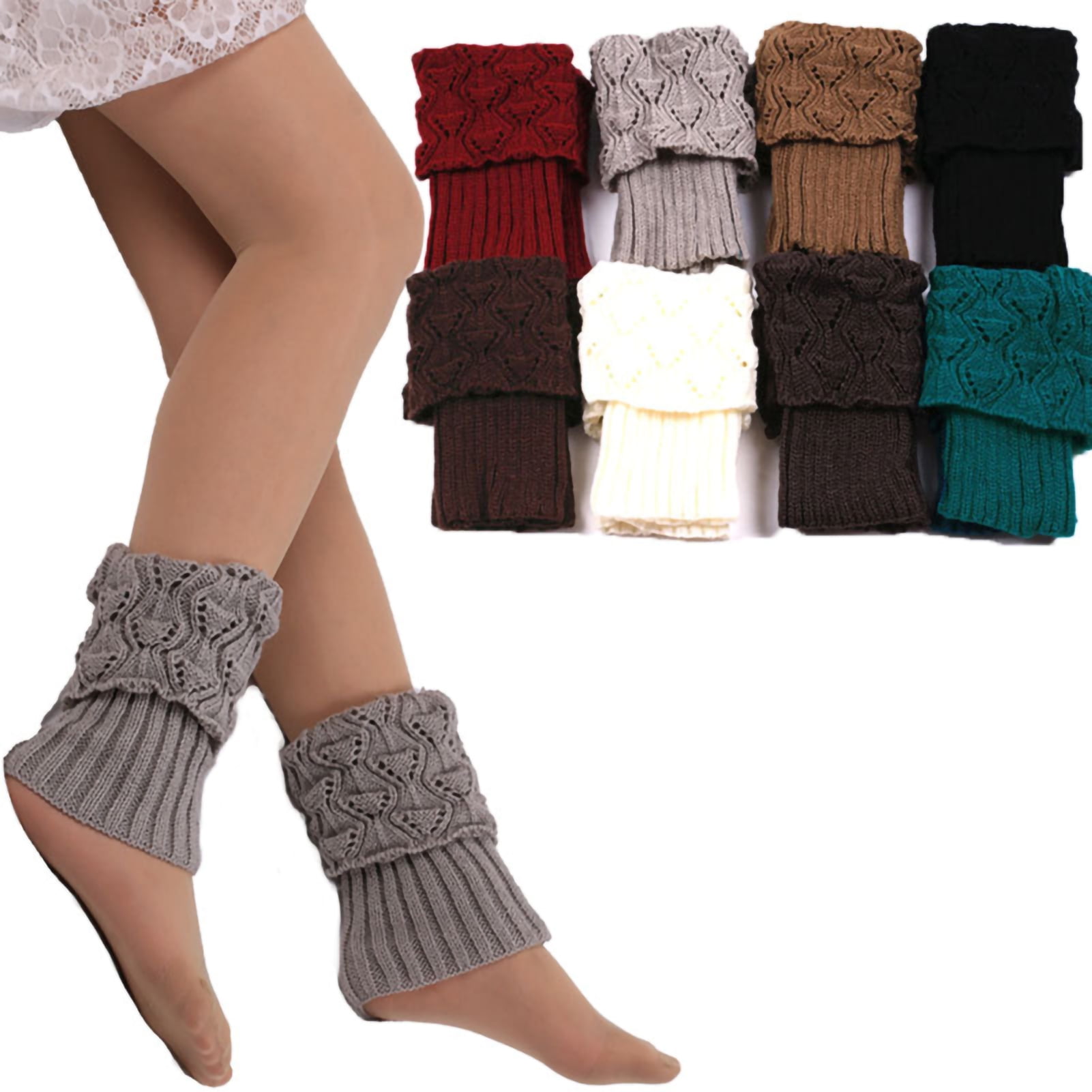 Women Lady Winter Leg Warmers Crochet Knit Fur Trim Leg Boot Socks Toppers Cuff 