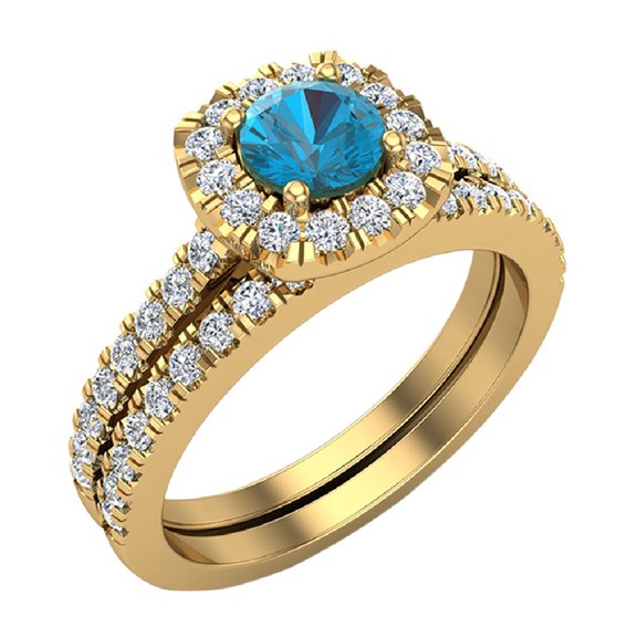 Blue Diamond Wedding Ring Set Round Cut Blue Diamond Cushion Halo Rings 14K Gold 1.00 Carat (H,SI)
