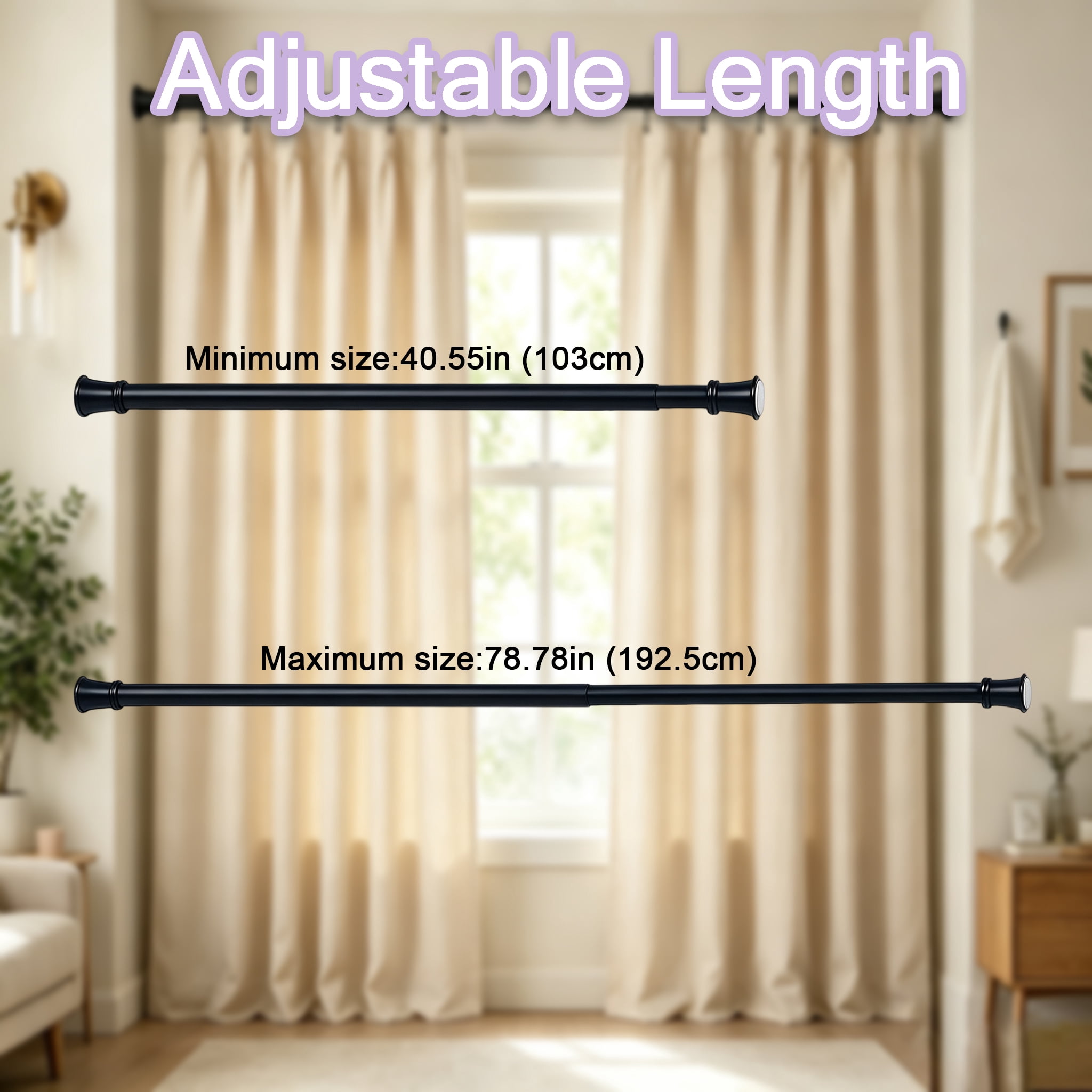 Adjustable Tension Rod for Curtains, 40.55" to 78.78" Shower Curtain Rod, No Drilling Curtain Rods for Windows, Adjustable Curtain Rods for Windows, Suit for Window, Kitchen, Closet, Doorway