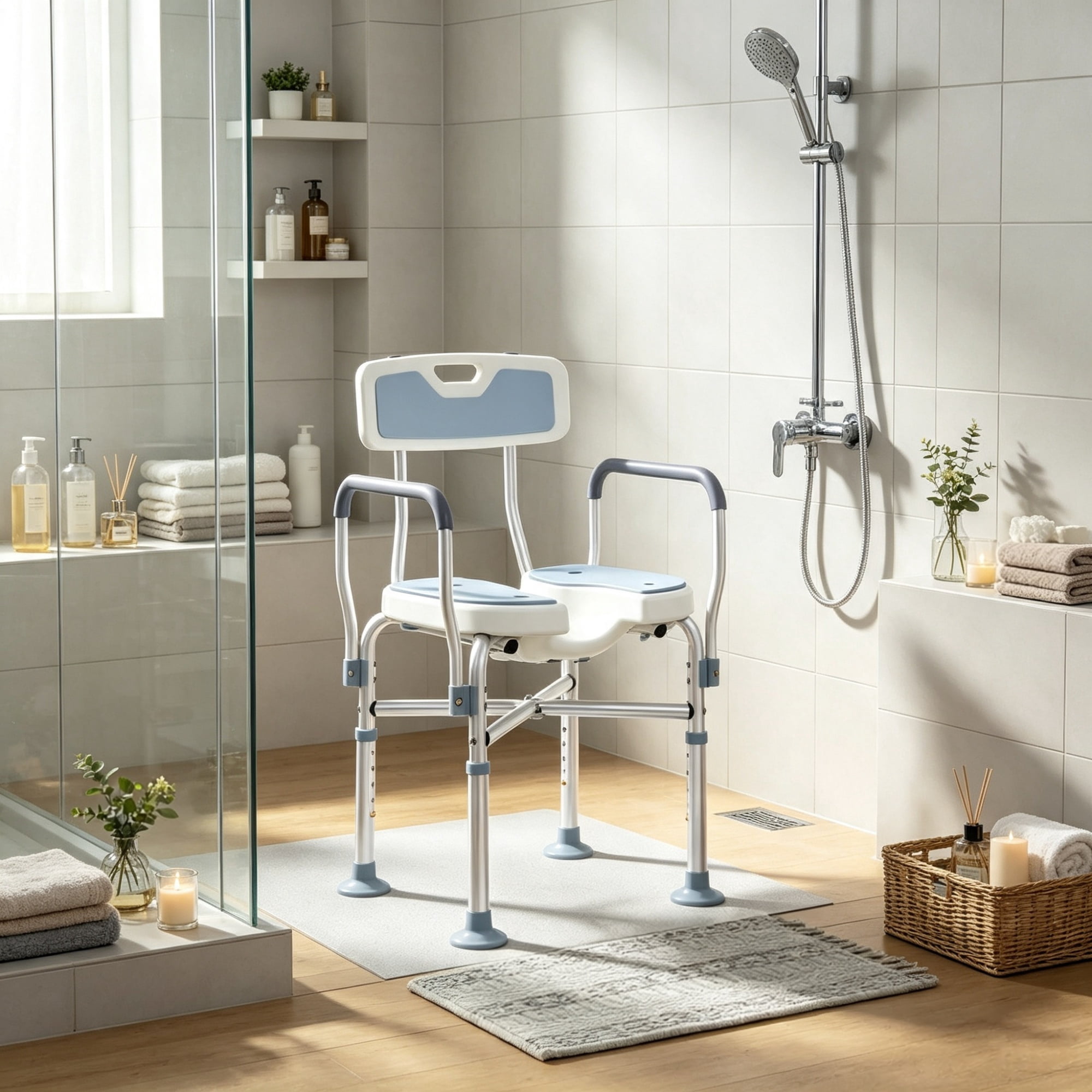 Light Blue Padded Bath Seat, Height Adjustable Anti-slip Shower Chair with Arms and Back
