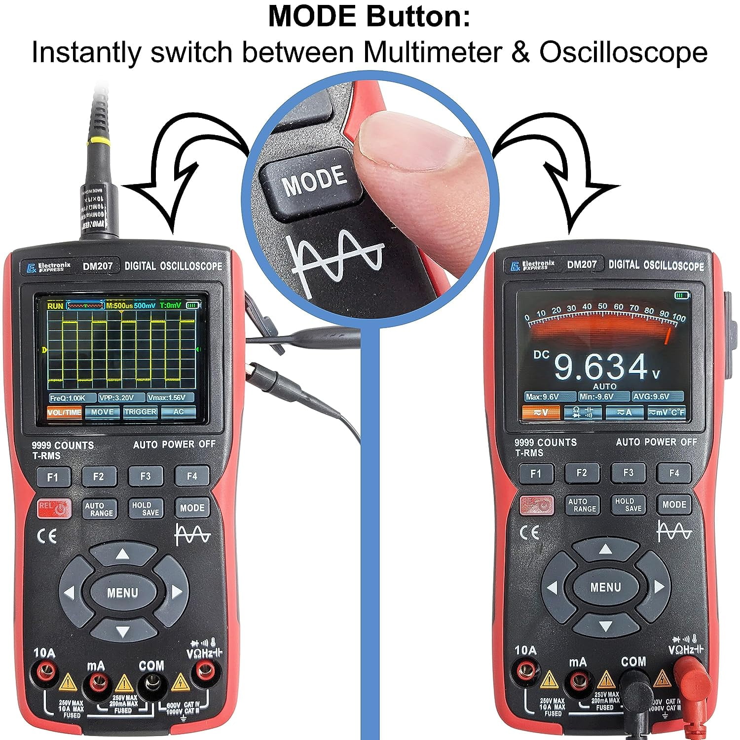 DM207 Handheld 2-in-1 Oscilloscope Multimeter with Backlit Color Screen, Single Channel 10MHz Bandwidth, 9999 Counts True RMS DMM with Temperature Measurement, Rechargeable - Electronix Express