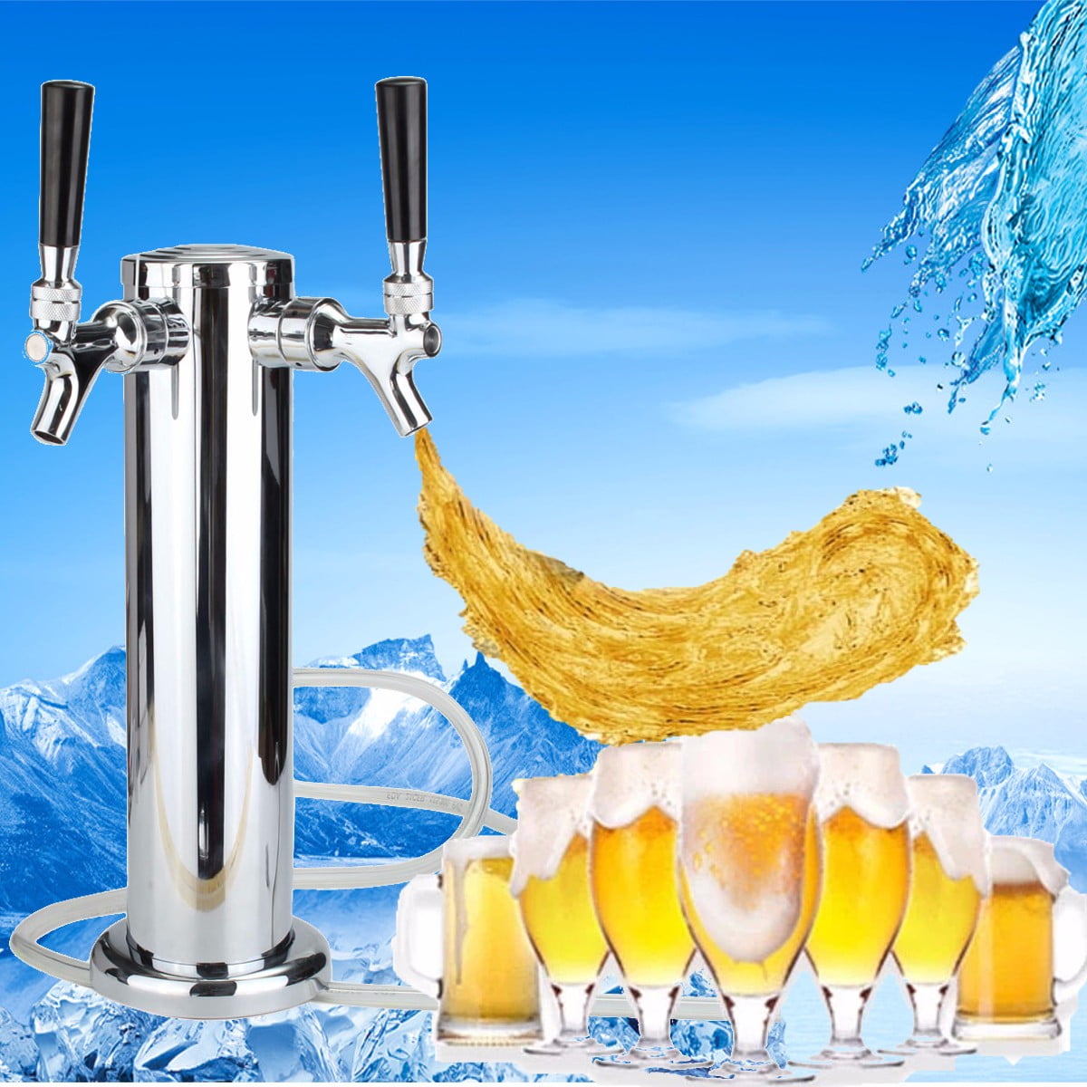 2 Double Taps Faucet Draft Beer Tower Bar Pub Kegerator Stainless Steel