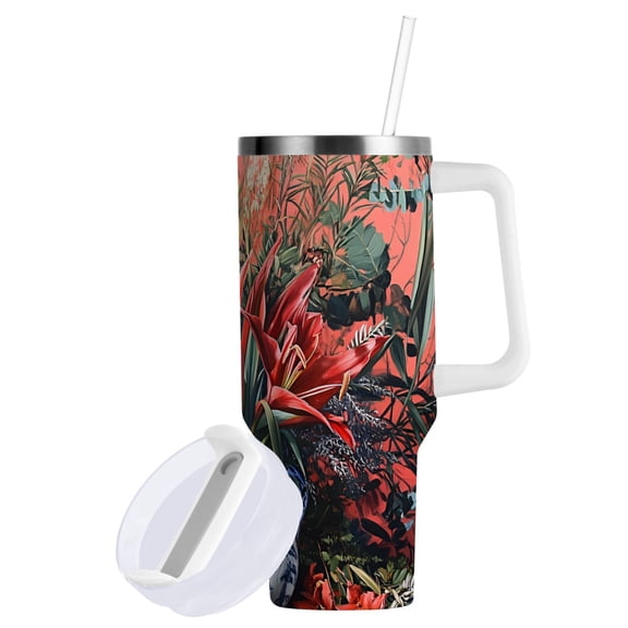 Yayeee 40oz Stainless Steel Tumbler with Straw and Handle Double-Wall Insulated Travel Water Bottle, Red Vibrant Flowers