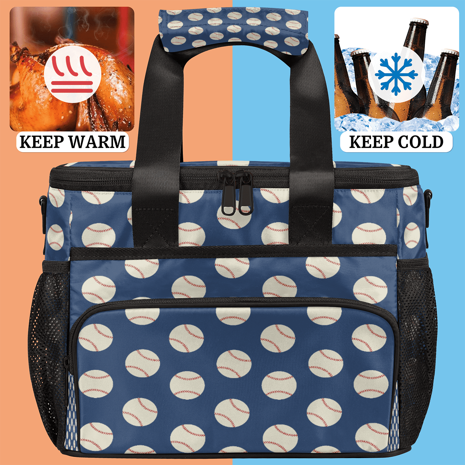 Herdesigns Baseball Navy Blue Insulated Large Lunch Bag Lunchbox Reusable Leakproof Cooler Bags with Shoulder Strap for Adult Men Women Work Picnic