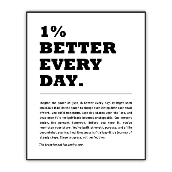 Motivational Wall Art Print, 1% Better Every Day Quote, Black and White Office Decor, Inspirational Growth Mind Poster, Classroom Decor, Educational Poster, Motivation Wall Art, Unframed Print 8"x10"
