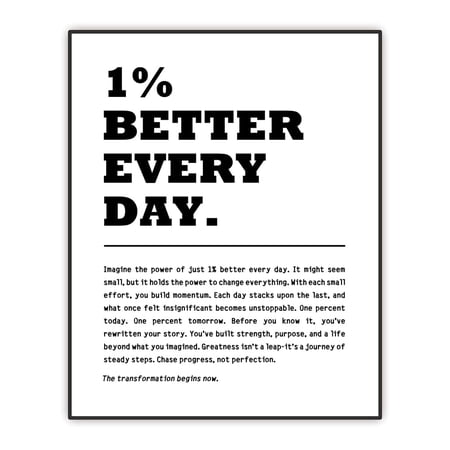 Motivational Wall Art Print, 1% Better Every Day Quote, Black and White Office Decor, Inspirational Growth Mind Poster, Classroom Decor, Educational Poster, Motivation Wall Art, Unframed Print 8"x10"