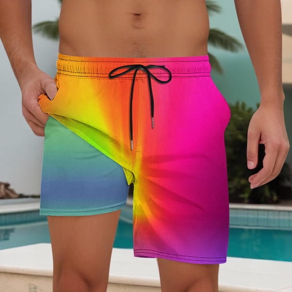 Yaoyar Men's Hawaiian Rainbow Print Elastic Waist Drawstring Shorts Double Layer Beach Swim Trunks with Pocket,Hot Pink,XL