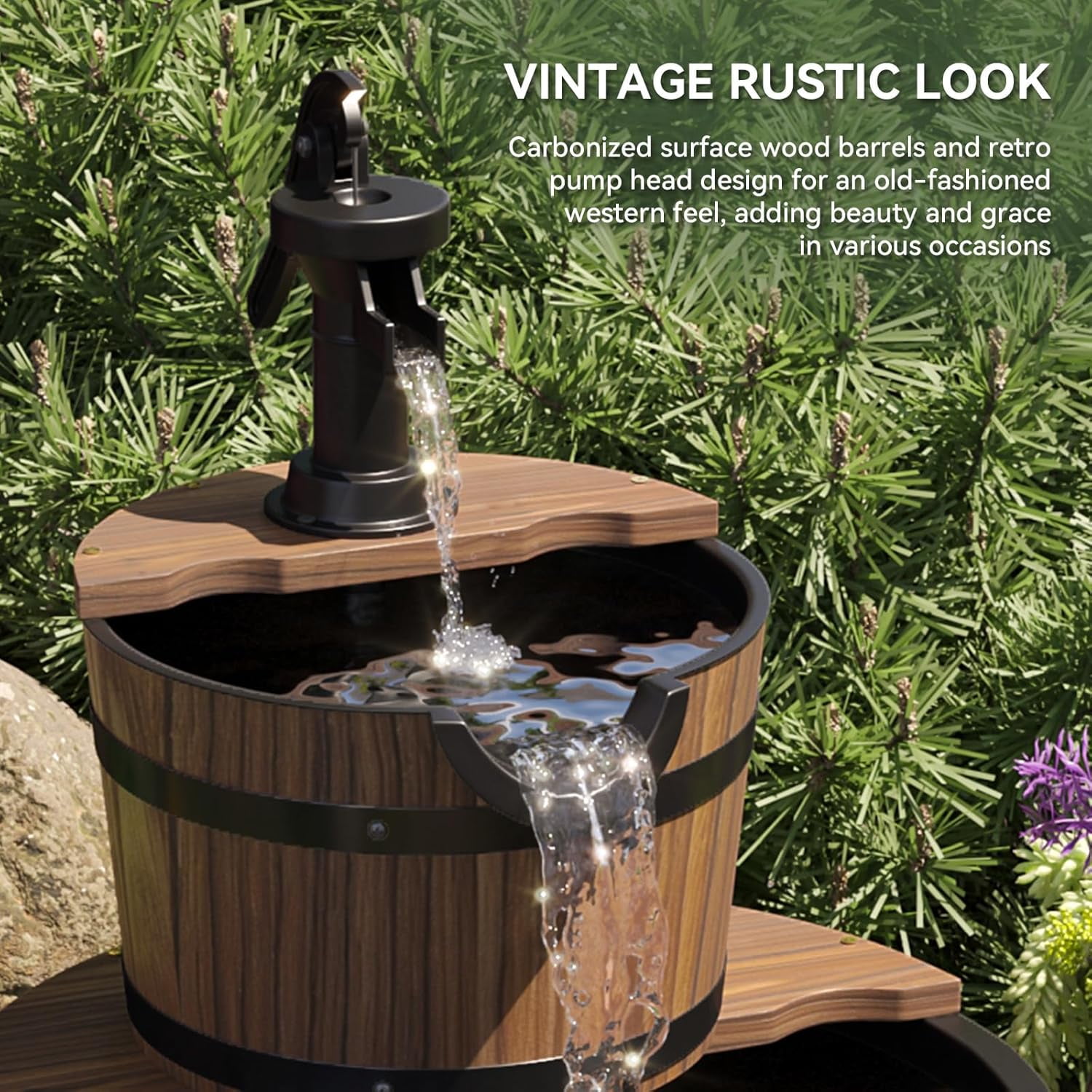 ZJTER 2-Tier Outdoor Water Fountain, Wood Barrel Cascading with Electric Decorative Hand Pump, Rustic Waterfall Fountain for Garden, Backyard, Patio, Porch, Yard