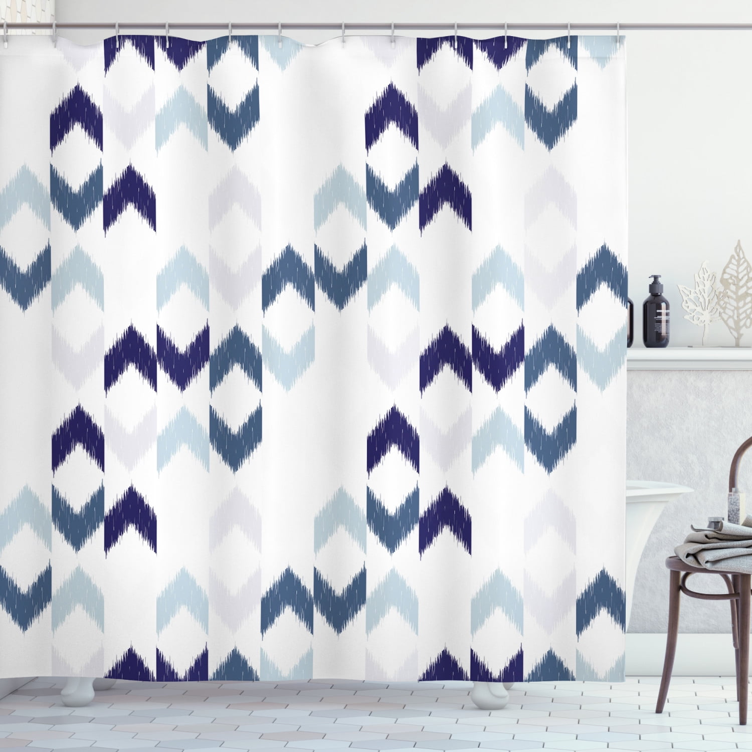 Navy Shower Curtain, Abstract Ethnic Ikat Chevron with Hazy Zigzag Folk