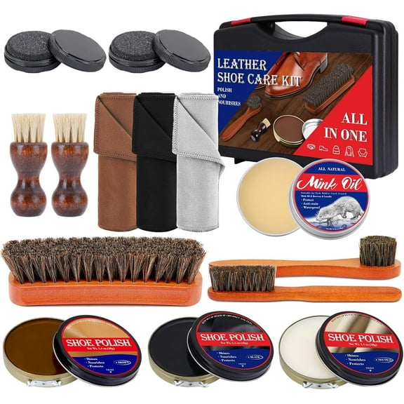 15pcs Shoe Shine Kit, Shoe Polish Kit, Leather Boot Care Kit, with Horsehair Brush&Wooden Applicator – Portable Travel Shoe Polish Kit for Brown/Black/Neutral Shoes