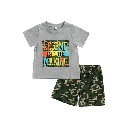 

Nokpsedcb Toddlers Baby Boys Summer 2Pcs Sets Short Sleeve Letter Tree Print T-shirt Camouflage Cartoon Print Shorts Gray 2-3 Years