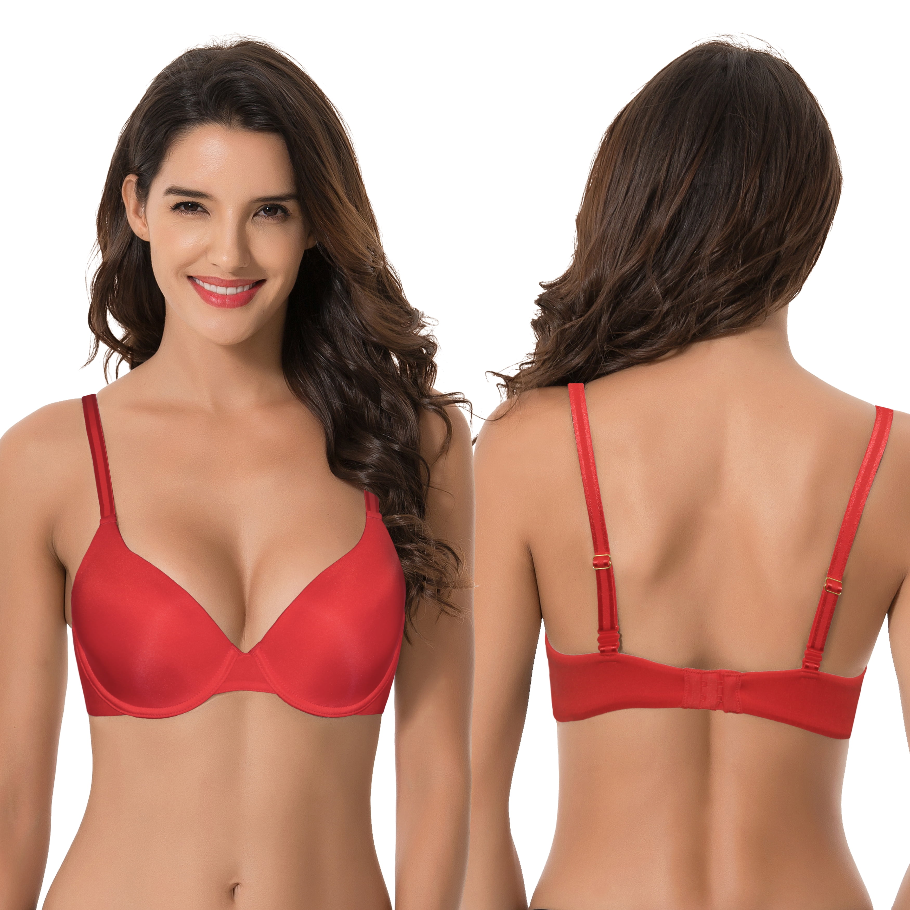 Curve Muse Women's Plus Size Full Coverage Padded Underwire Bra-2PK-NUDE ,RED-46C 