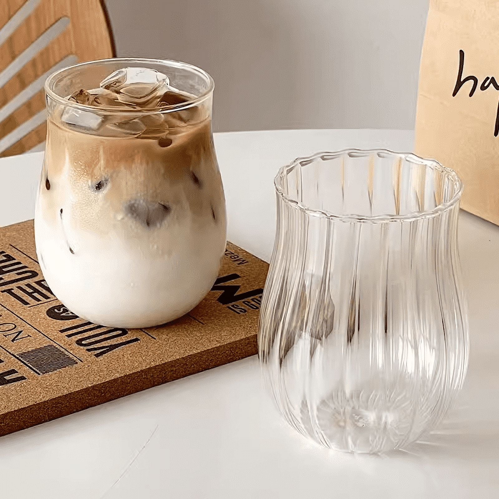 Cute Wine Glasses for Iced Coffee Juice 12oz Tulip Shape Vintage Drinking Glassware  for Iced Coffee Juice Beverage Milk 2PCS