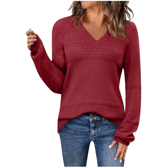 UAMVSH Womens Fall Sweaters Casual Long Sleeve Hollow Knitted Pullover V-Neck Lightweight Sweater Tops Ladies Clothes(X-Large,Wine 1)