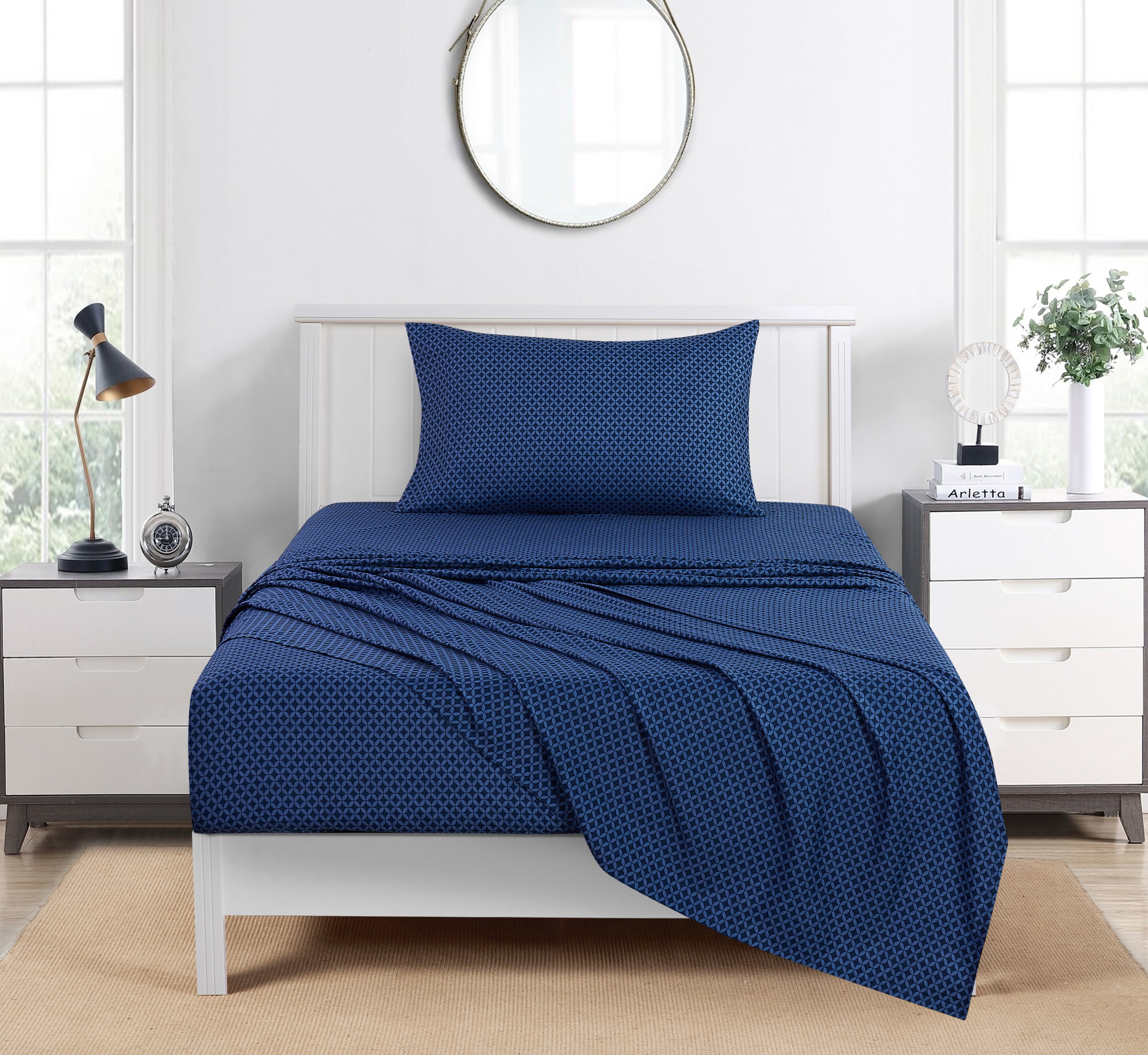 Mainstays Super Soft Brushed Microfiber Bed Sheet Set, Twin-XL, Navy Geo, 3 Piece