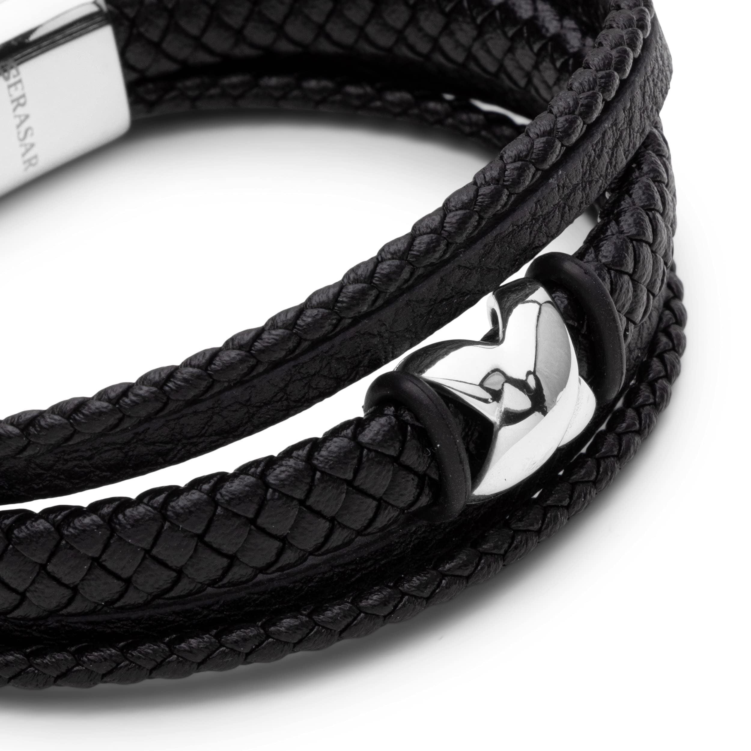 SERASAR Men's Premium Leather Bracelet "Flake" with stainless steel magnetic closure, Silver 17cm, including gift box