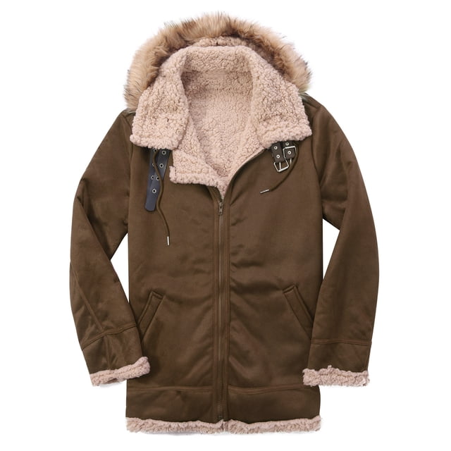 hombres casual mantener caliente espesar manga larga turndown chaqueta cremallera patchwork abrigos chaqueta marrón para hombre con cierre de cremallera frontal y capucha, forro interior de felpa beige visible, ribete beige en puños y bajo, bolsillos inclinados frontales y correas con hebilla en el cuello; vista frontal centrada sobre fondo blanco, ajuste según talla, temporada otoño/invierno, material: poliéster; también adecuada para viajes y uso diario.