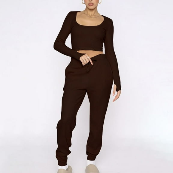 qolati Women's Two Piece Outfits Long Sleeve U-Neck Crop Tops with Jogger Sweatpants Lounge Sets Y2k Oversized High Waist Lounge Wear Sweatsuit