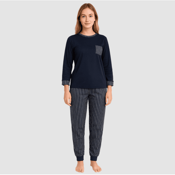 Isaac Mizrahi Long Sleeve Stripe Pajama Set (Navy, Small)