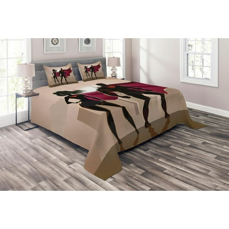 Superhero Coverlet Set, Super Woman and Man Heroes in City Hot Couple in Costume Pattern, Decorative Quilted Bedspread Set with Pillow Shams Included, Beige Brown and Magenta, by Ambesonne