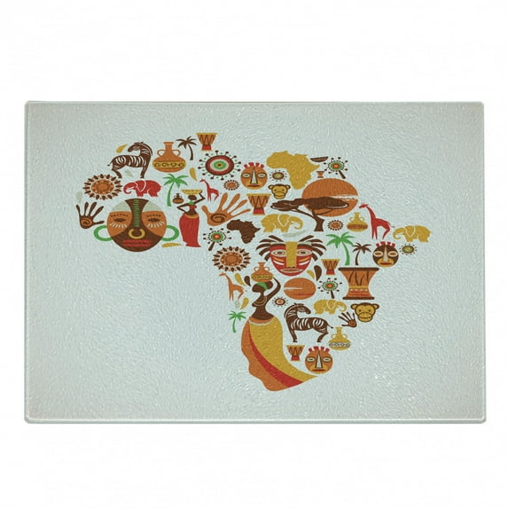 African Cutting Board, Map Different Famous and Savannah Style Art, Decorative Tempered Glass Cutting and Serving Board, Small Size, Orange Brown, by Ambesonne