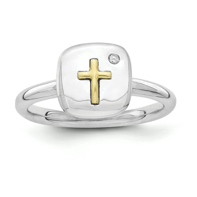 Bague en Argent Sterling & 14k Croix Stackable Expressions Diamant Taille 8