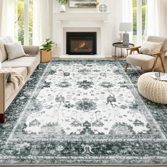 WANLISELL 8'x10' Area Rugs for Living Room, Boho Stain Resistant Washable Rug Vintage Soft Bedroom Rug, Non-Shedding Distressed Farmhouse Dining Room Rugs, Green/Beige