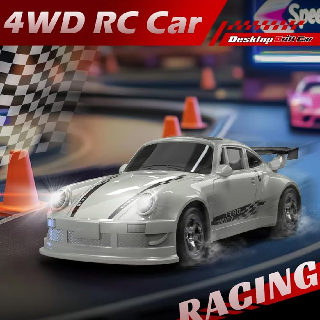 1/64 Scale 2.4G High Speed Drift RC Car, Remote Control Drift 4WD Mini Lights System, Desktop Drift Car for Adults (White)