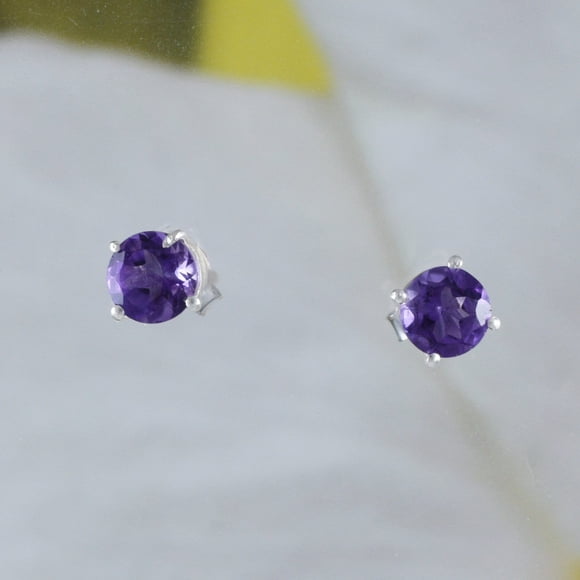 Beautiful Hawaiian Genuine Purple Amethyst Earring, Sterling Silver Round-Cut Amethyst Stud Earring, E8649 Birthday Valentine Mom Gift