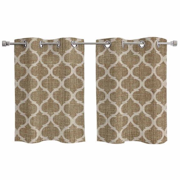 2 Panels Kitchen Tier Curtains 39 Inch Length, Brown Moroccan Grommets Window Treatment Curtain, Morocco Retro Abstract Quatrefoil Plaid Thermal Curtains Drapes for Living Room/Bathroom