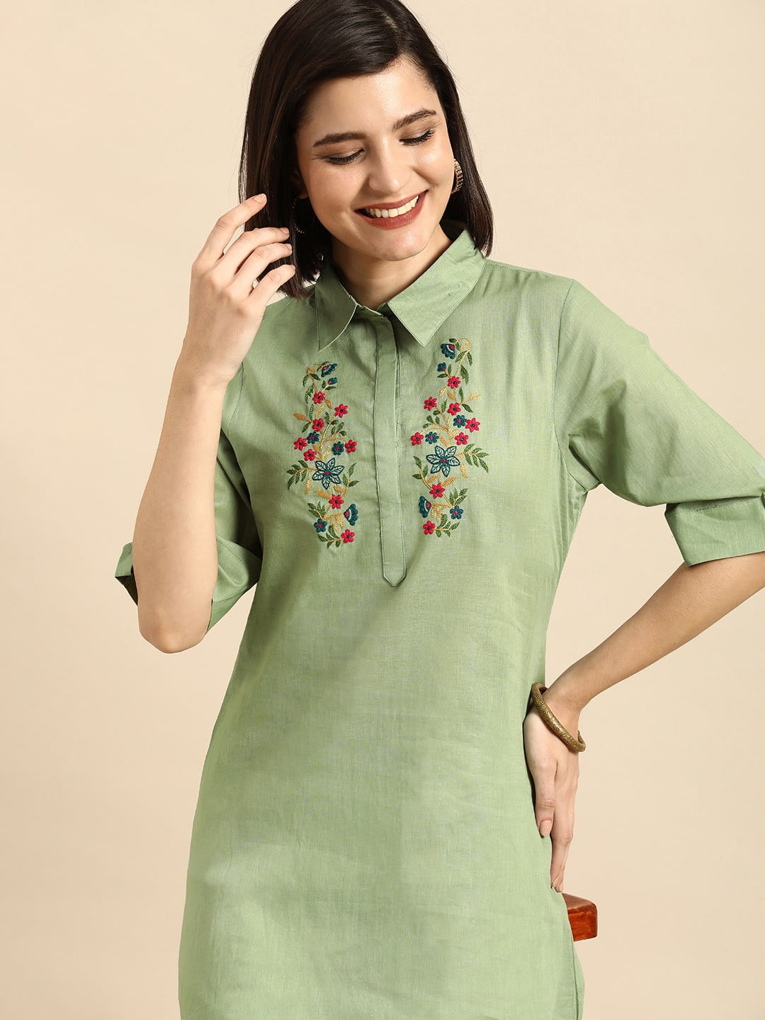 Buy Shae By SASSAFRAS Embroidered Mandarin Collar A Line Kurti With Palazzo  - Kurta Sets for Women 23538018 | Myntra
