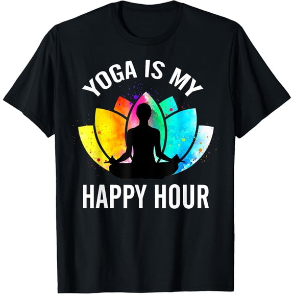 Vintage Meditation Yoga Is My Happy Hour Funny Yoga Saying T-ShirtMen's and women's gift, black and white T-shirt, size: Extra large S-4XL