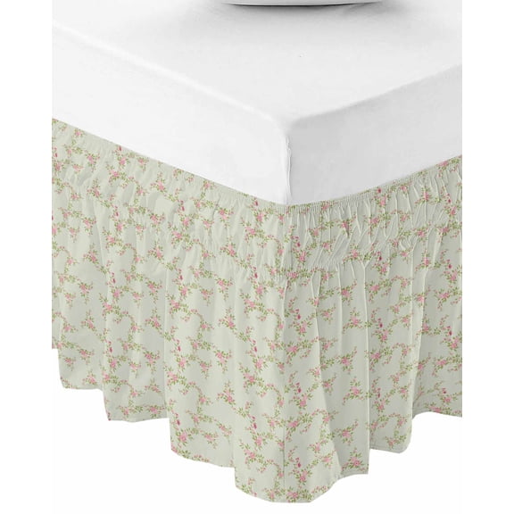 Pink Flowers Wrap Around Bed Skirts for Queen Bed 16" Drop,Bed Skirt with Adjustable Elastic Belt Dust Ruffle Bed Valance for Bedroom Hotel Pastoral Leaves Retro Botanical Rustic Bed Frame Cover
