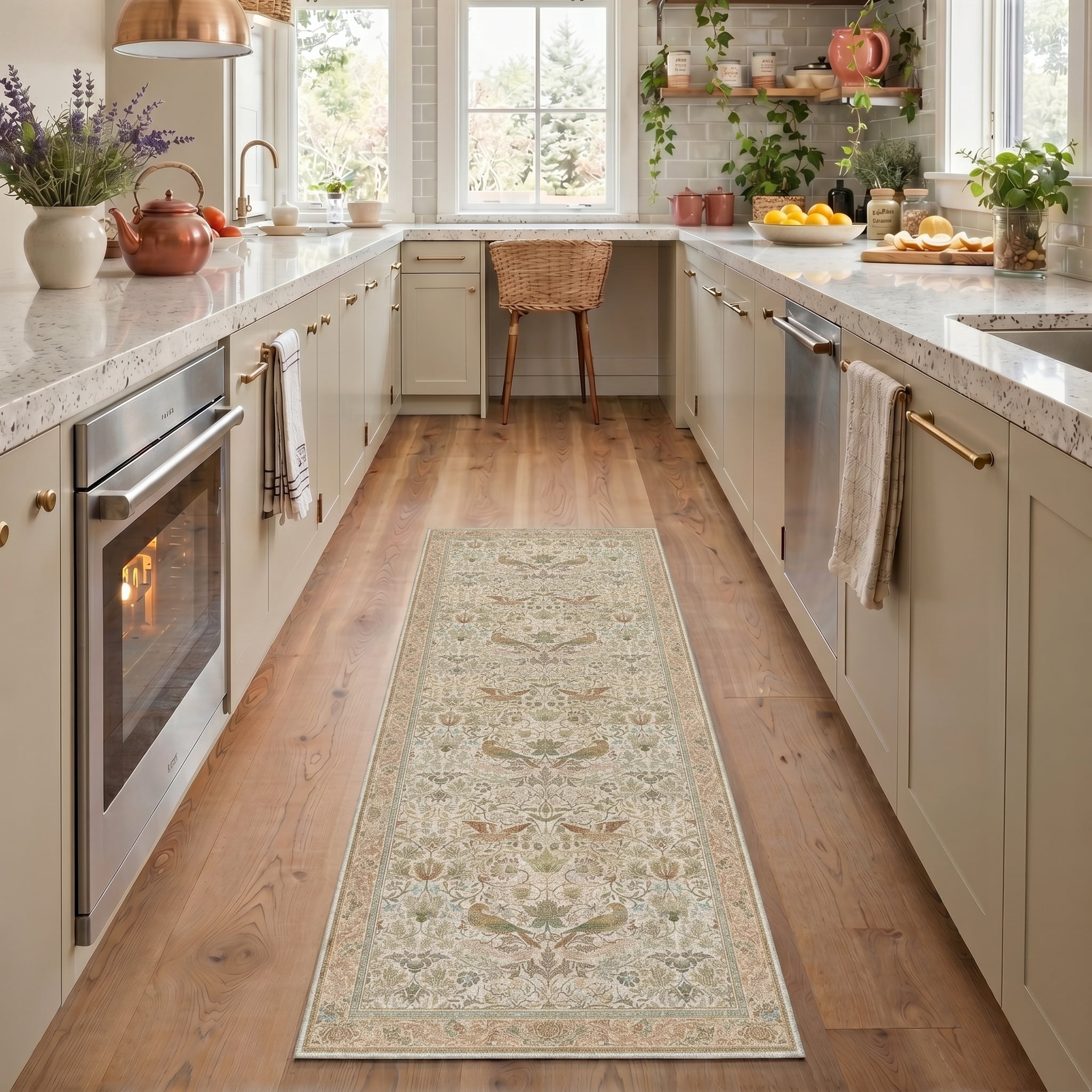 KUETH 8'x10' Vintage Floral Area Rugs for Living Room, Non Slip Machine Washable Forest Bird Rug, Low Pile Print Rug for Bedroom Dining Room Home Office