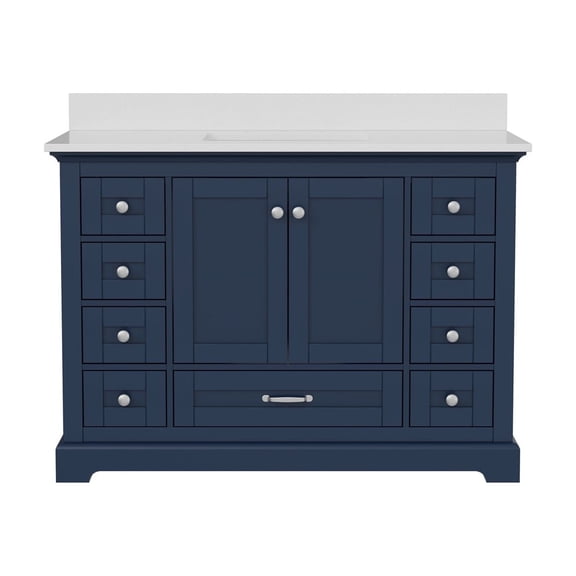48'' Bathroom Vanity with Single Sink, Modern Bathroom Storage Cabinet with 9 Drawers and 2 Door, Freestanding Bathroom Vanities with Carrara Marble White Countertop, Soft Closing, Navy Blue