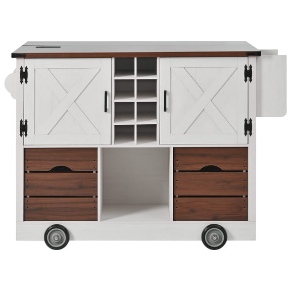 TheEshow 54" Farmhouse Kitchen Island with Drop Leaf, Power Outlet, Kitchen Storage Cart with 2 Doors, 2 Drawers, Rolling Kitchen Island on 4 Large Wheels with Spice Rack for Kitchen, Dining Room