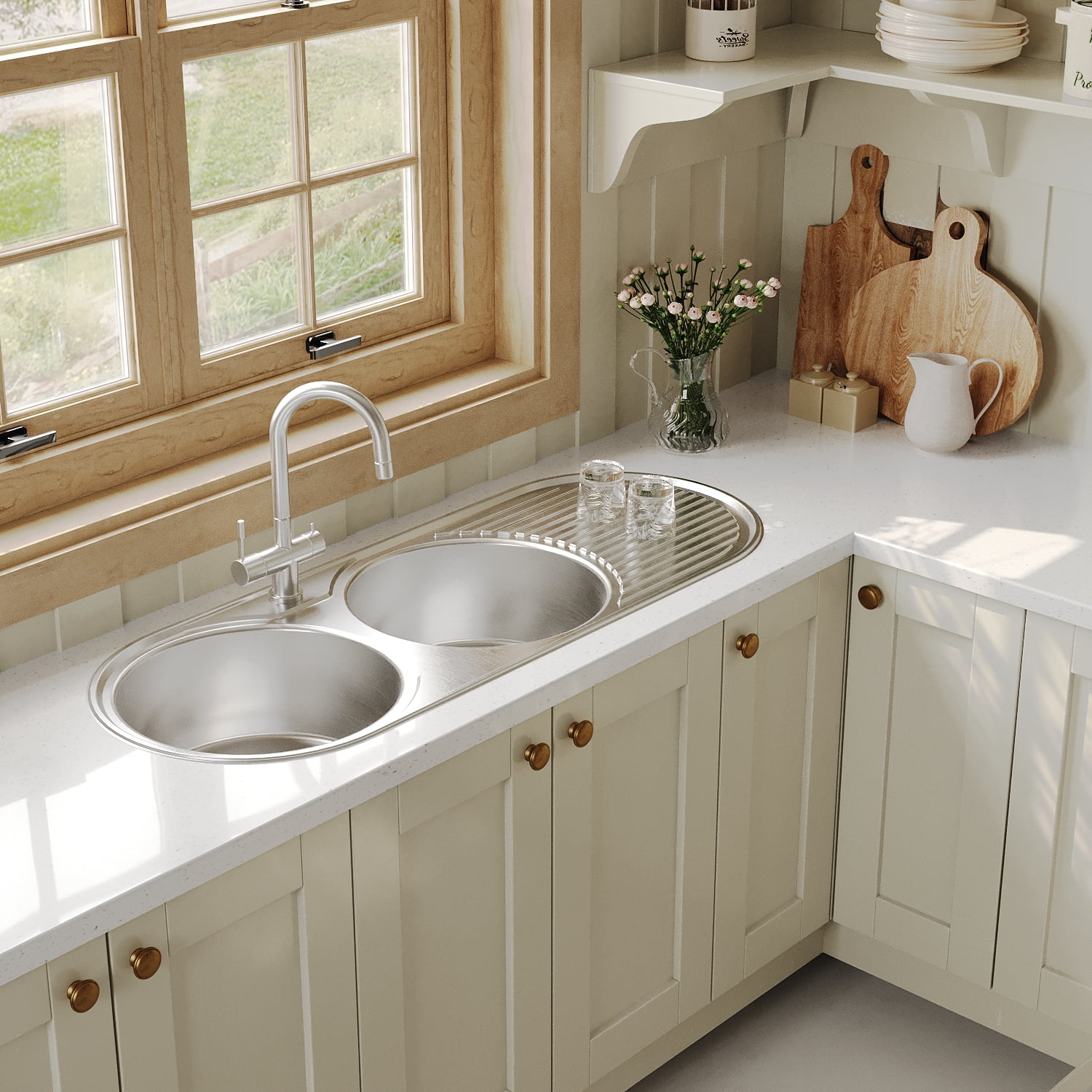 Naiture Double Bowl Stainless Steel Kitchen Sink, Oval Drop-In Top Mount Sink, 50" X 19" with Right Drainboard and Single Faucet Hole