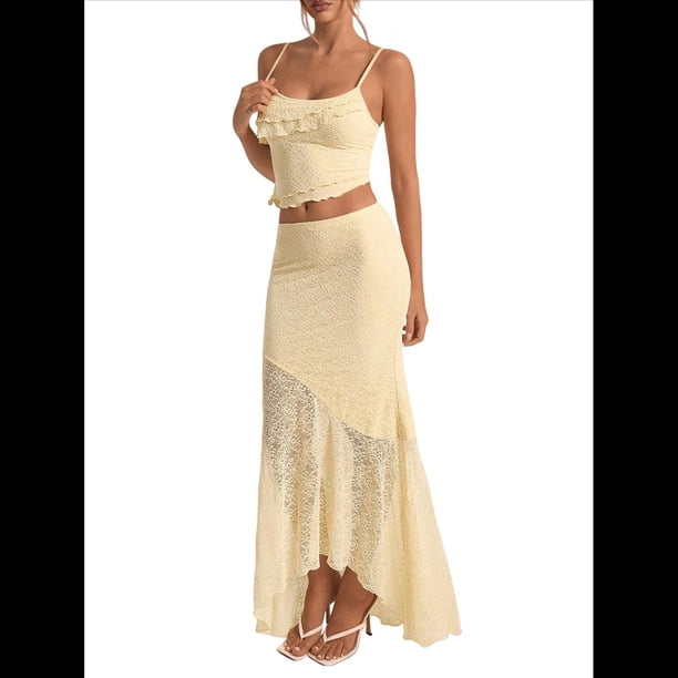 Conjunto de 2 Piezas para Mujer: Top Corto con Volantes y Falda Larga de Tiro Bajo. Amarillo M