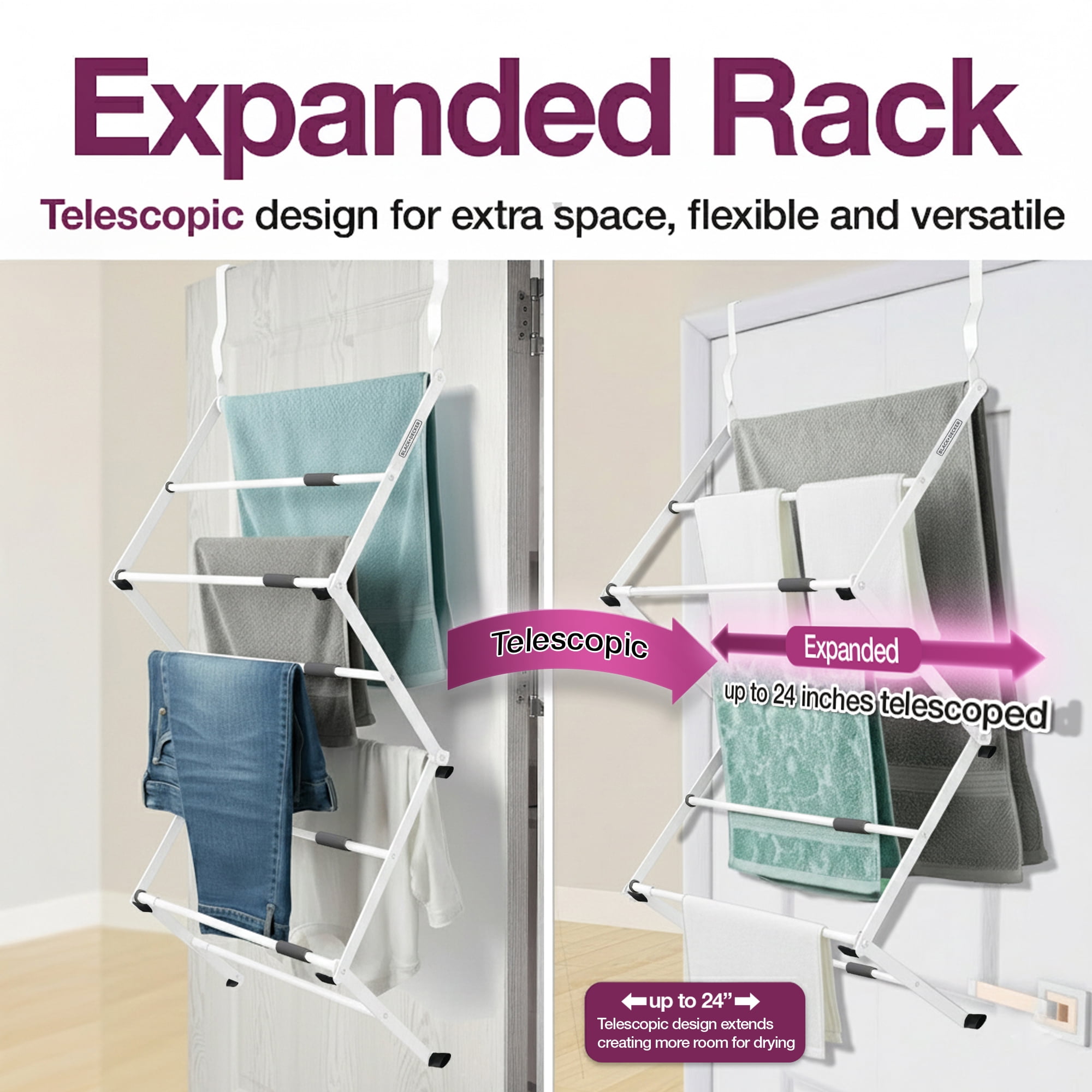 BLACK + DECKER Over-the-Door Telescopic Clothes Drying Rack, Expandable, Stainless Steel, 2-Tier, Space-Saving Indoor Design