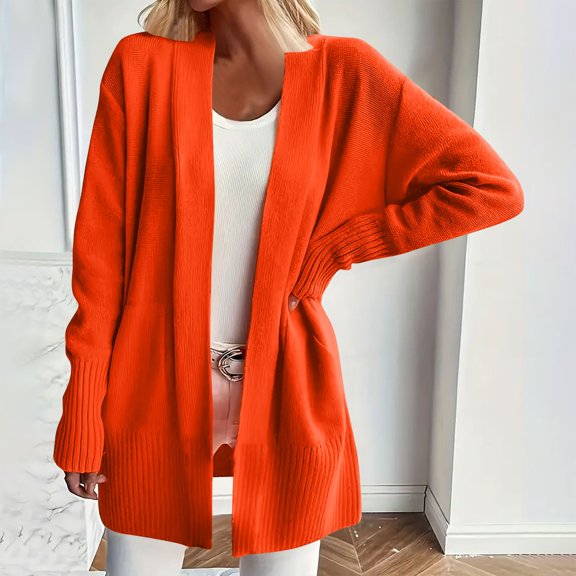 ClodeEU Women's Cardigan Sweaters ,Long Sleeve Knit Open Front Jacket,Lightweight Sweater With Pockets Orange,Womens Plus L