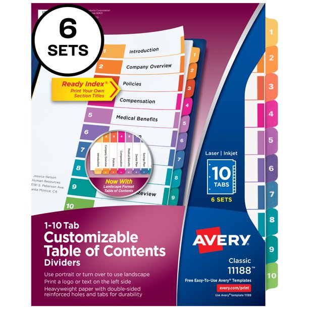 Avery Ready Index 10 Tab Binder Dividers, Customizable Table of