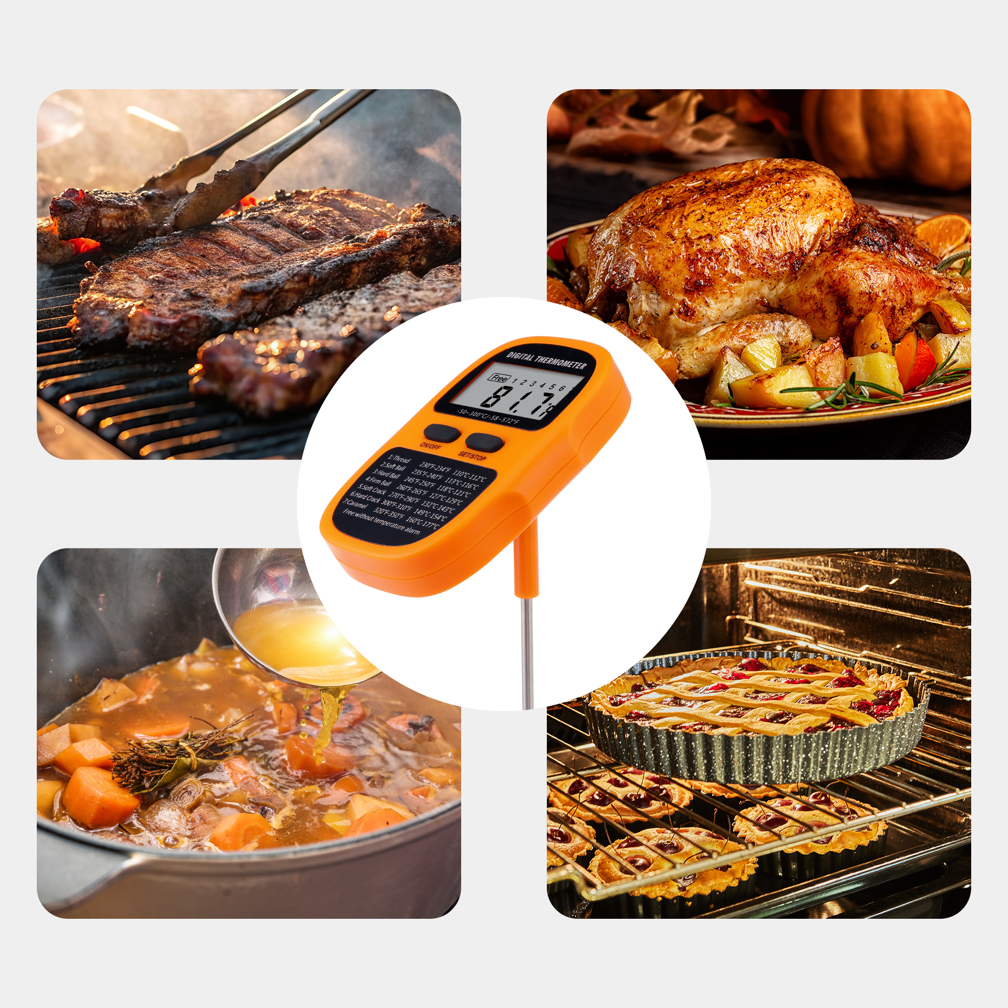 Digital Meat Thermometer, Instant Read Food Thermometer with Clip, Cooking Thermometer for Home and Kitchen, Outside, Smoker Orange 9.5in