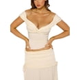 thumbnail image 1 of Fortune Women Twist Knot Crop Tops Short Sleeve Deep V Neck T-Shirts Solid Color Ruffles Off Shoulder Slim Fit Tops, 1 of 9