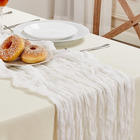 SIRIA White Cheesecloth Table Runner 10Ft Long Boho Gauze Table Runner Rustic Sheer Runner for Spring Summer Graduation Wedding Bridal Baby Shower Birthday Party Table Decor Easter Decorations